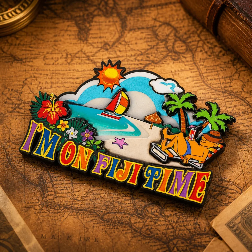 Custom wood Fiji souvenir fridge magnet on a dark travel map