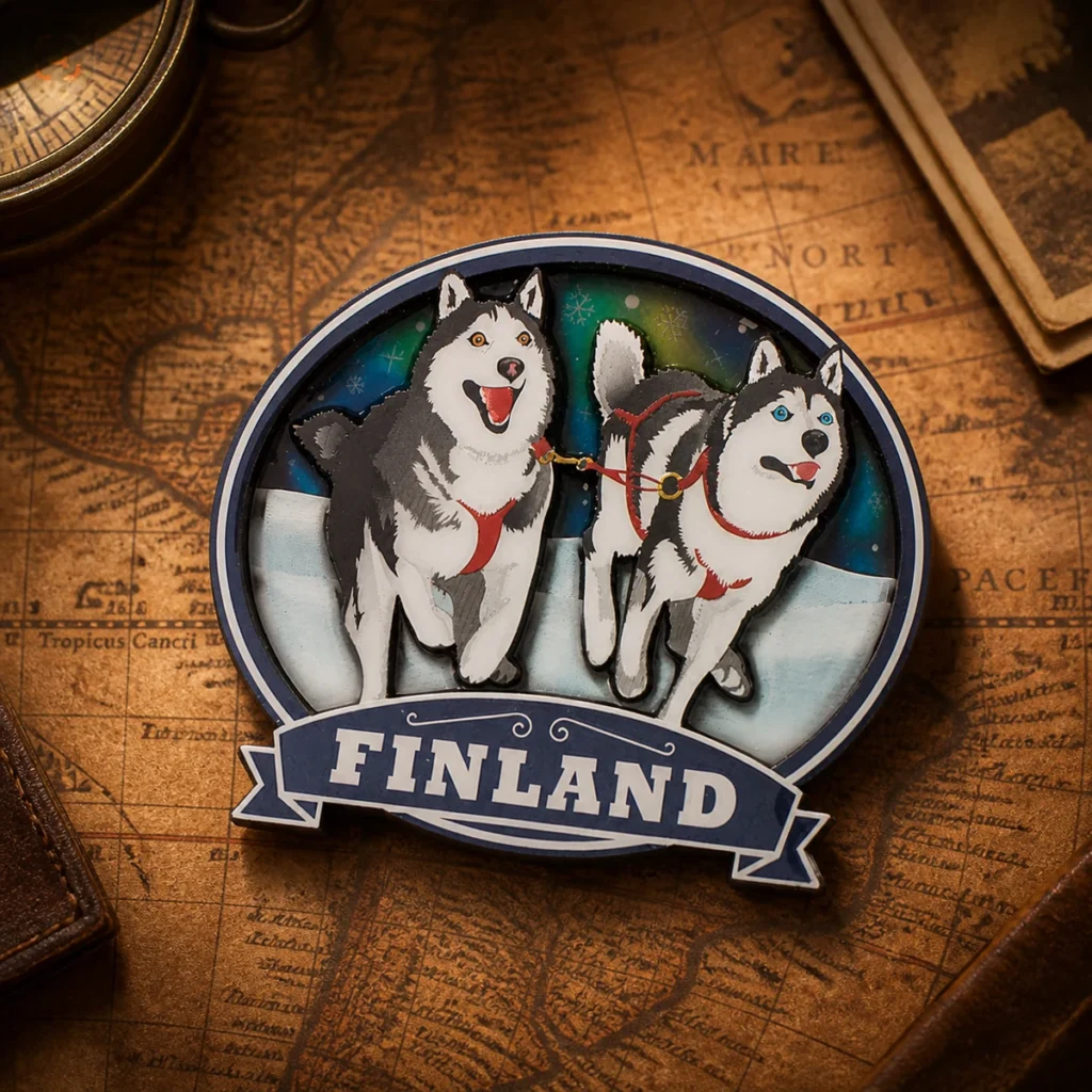 Custom wood Finland souvenir fridge magnet on a dark travel map