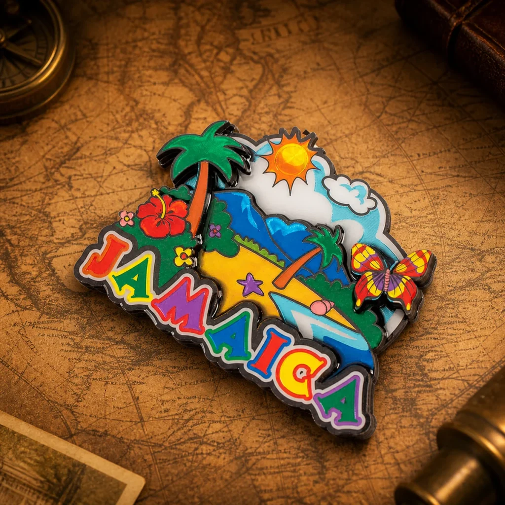 Custom wood Jamaica souvenir fridge magnet on a dark travel map