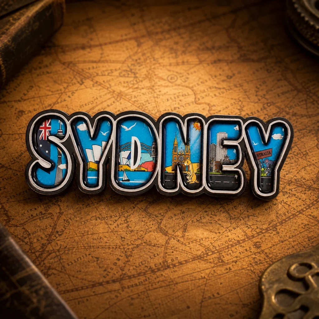 Custom wood Sydney souvenir fridge magnet on a dark travel map