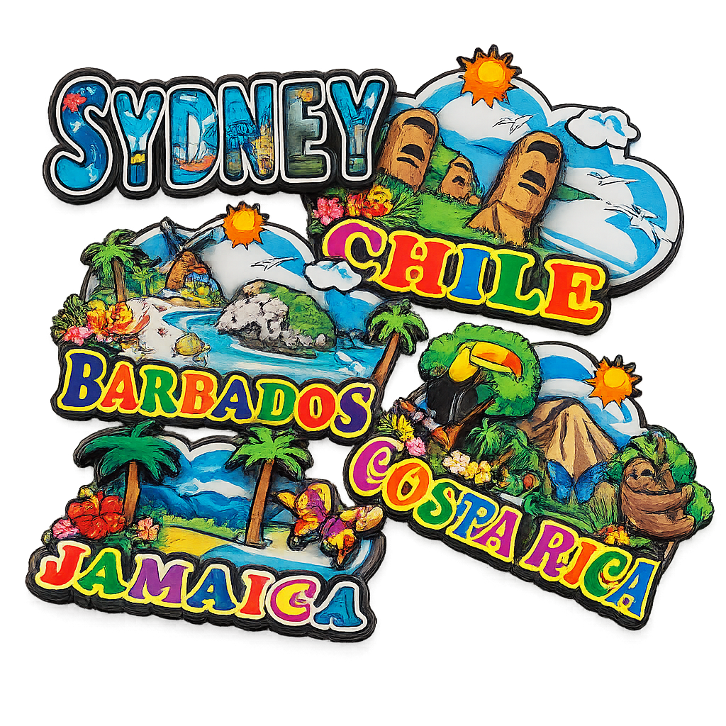 Custom wooden souvenir fridge magnets featuring Sydney, Chile, Barbados, Jamaica and Costa Rica designs