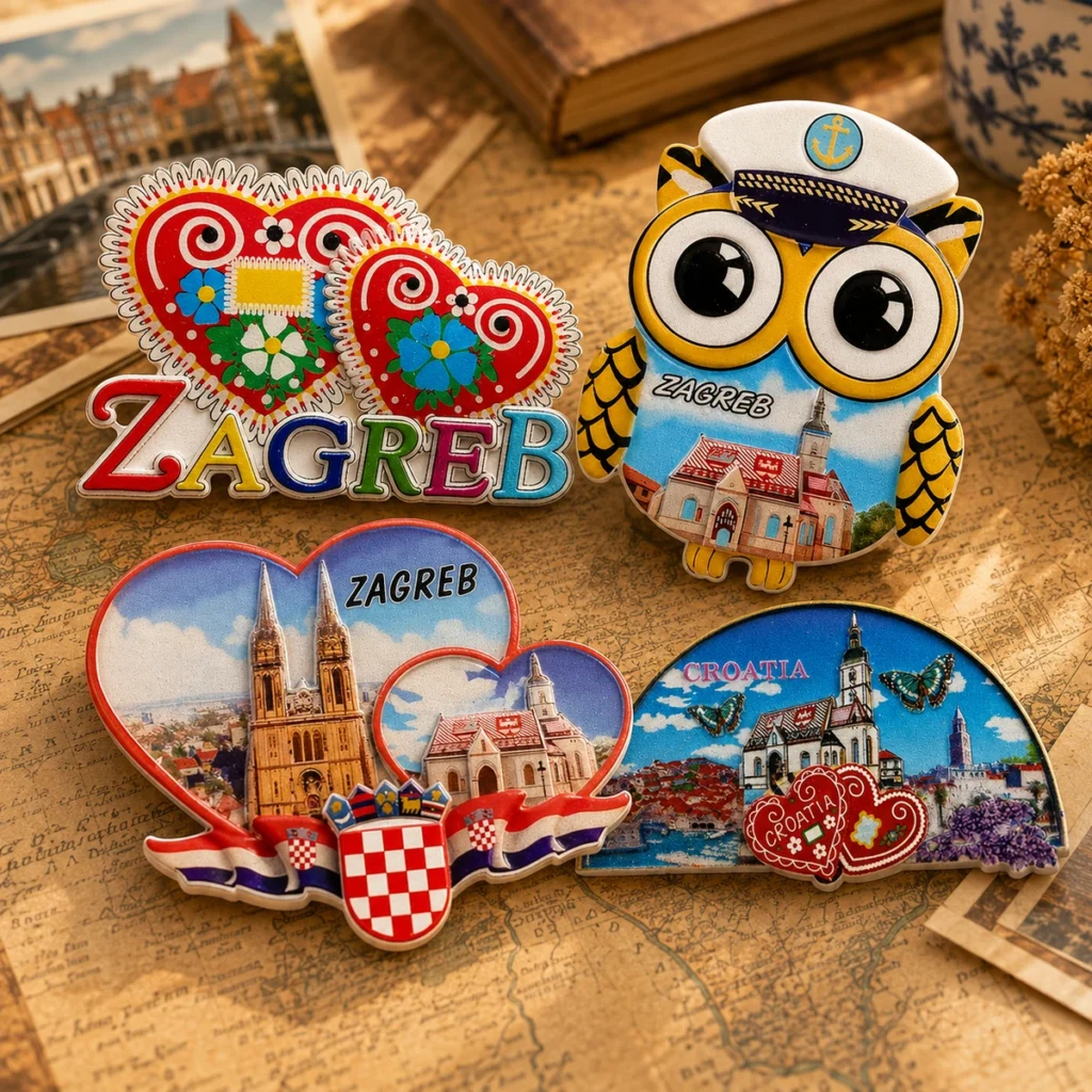 Zagreb and Croatia destination magnets with cultural symbols and an owl souvenir design
