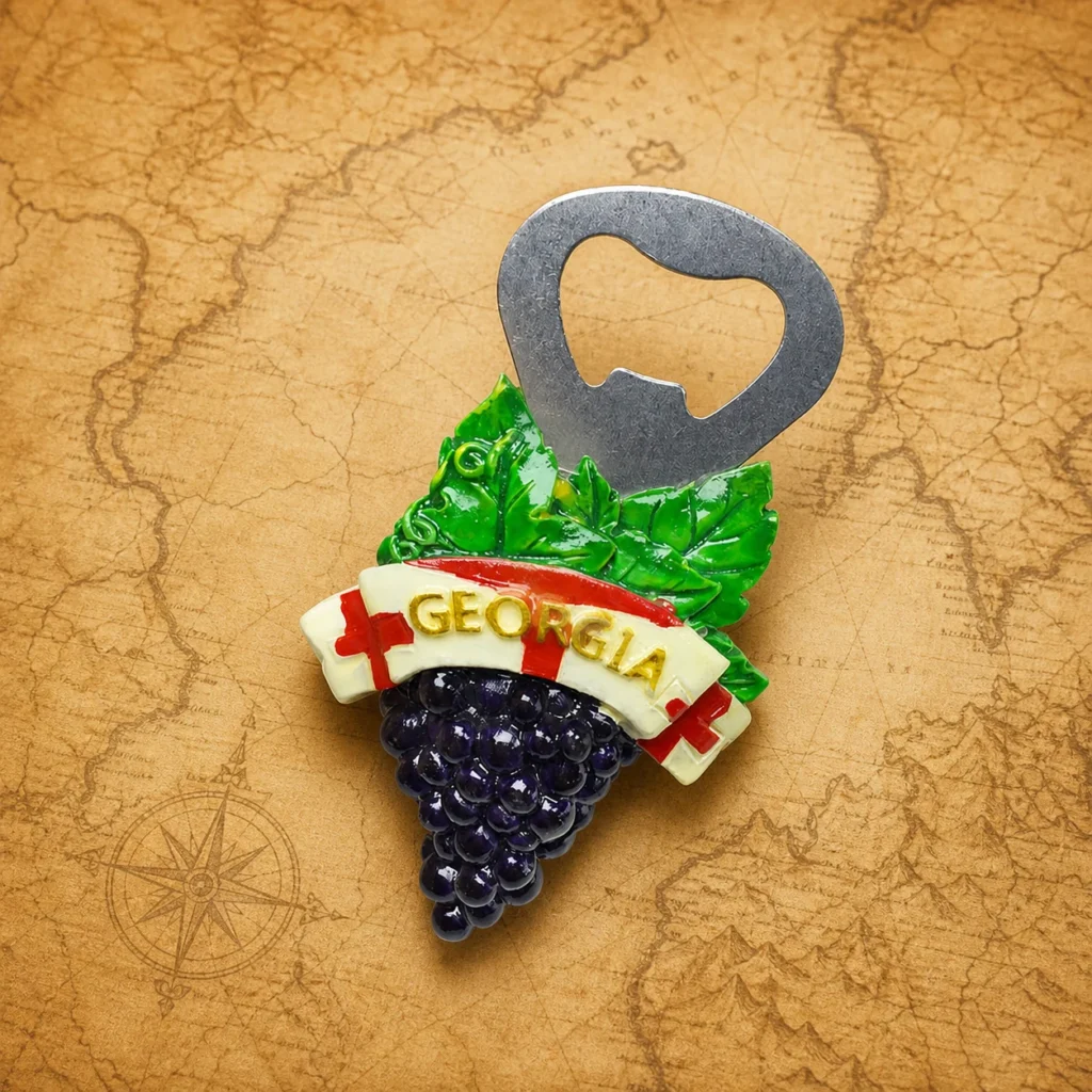 Custom polyresin bottle opener with Georgia grape souvenir design and zinc alloy opener insert