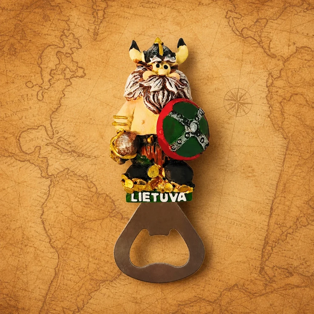 Custom polyresin bottle opener with Lithuania Viking souvenir design and zinc alloy opener insert