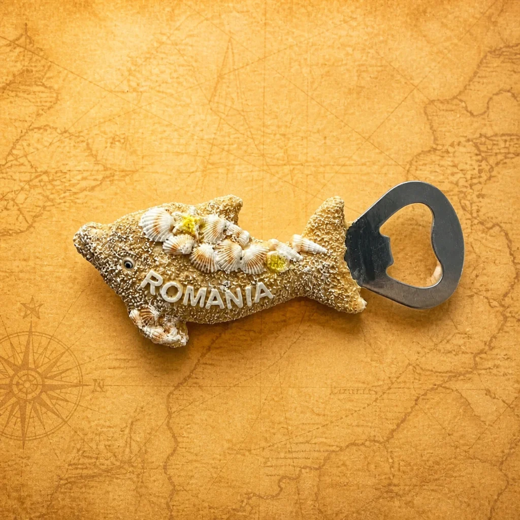 Custom polyresin bottle opener with Romania fish and seashell souvenir design
