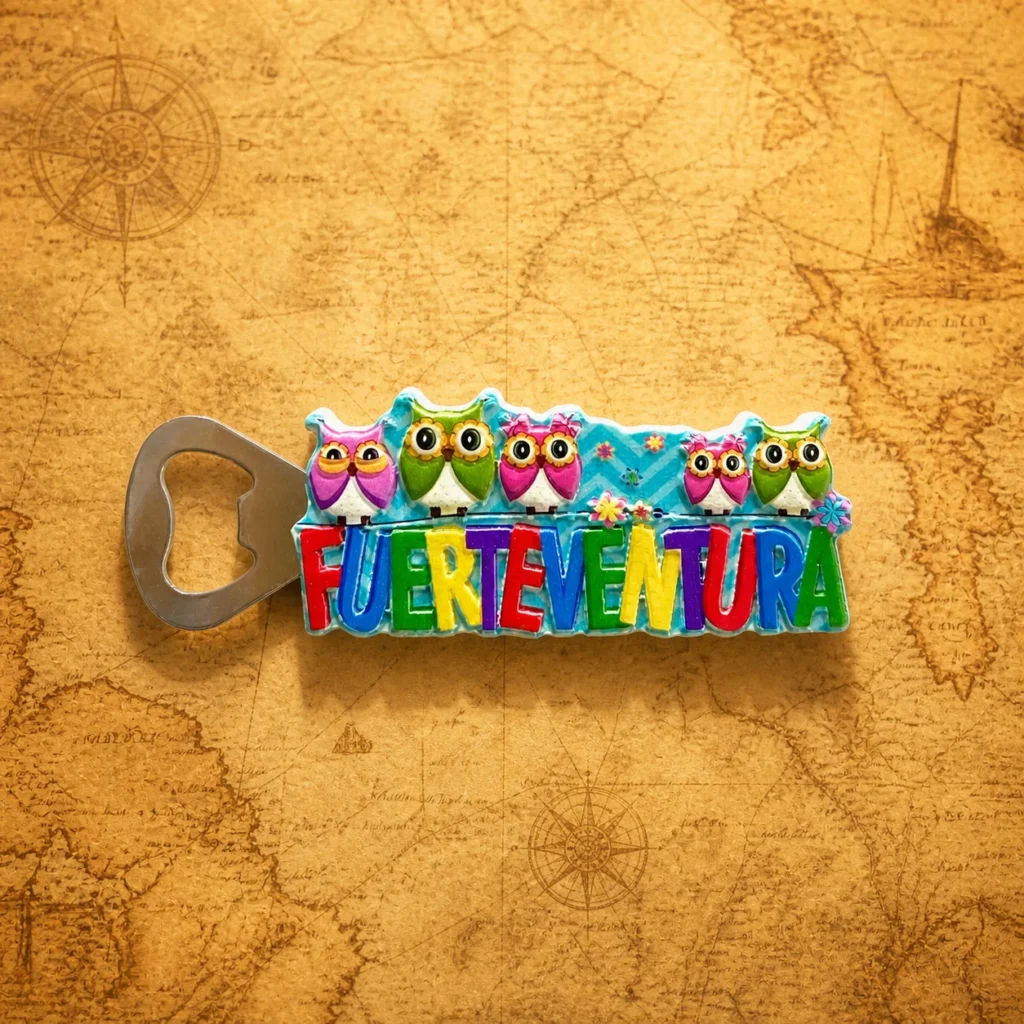 Custom polyresin bottle opener with Fuerteventura owl souvenir design and zinc alloy opener insert