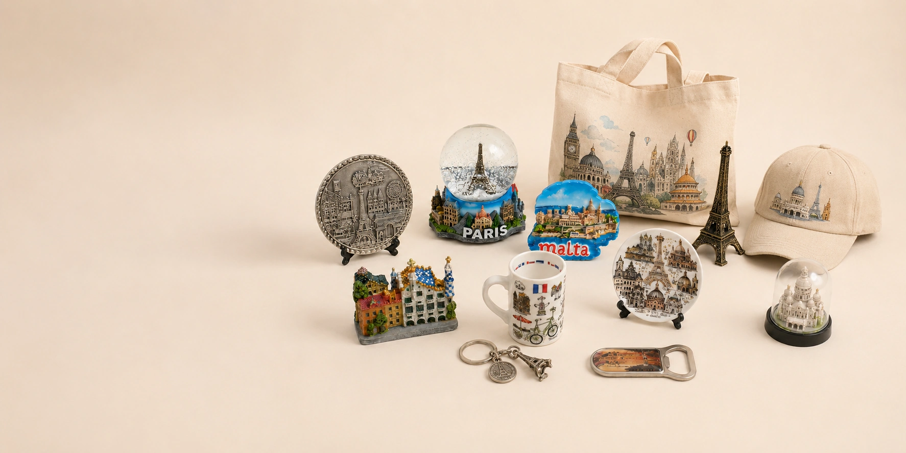 Custom tourist souvenirs collection with snow globe, fridge magnets, keychain, bottle opener, figurines and New York canvas tote bag