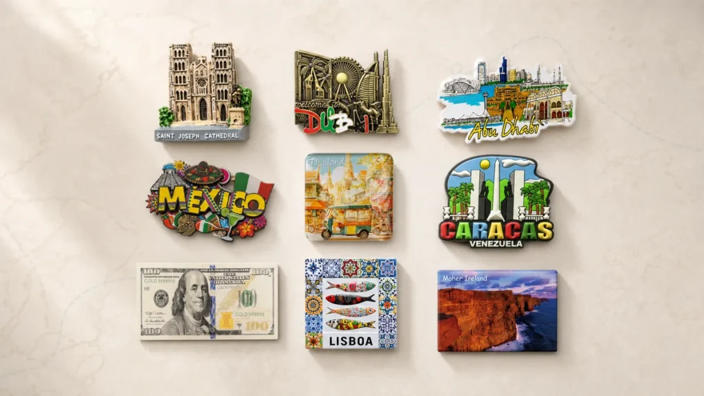 Custom souvenir fridge magnets in nine materials featuring Hanoi, Dubai, Abu Dhabi, Mexico, Thailand, Caracas, Lisbon, Ireland and the USA.