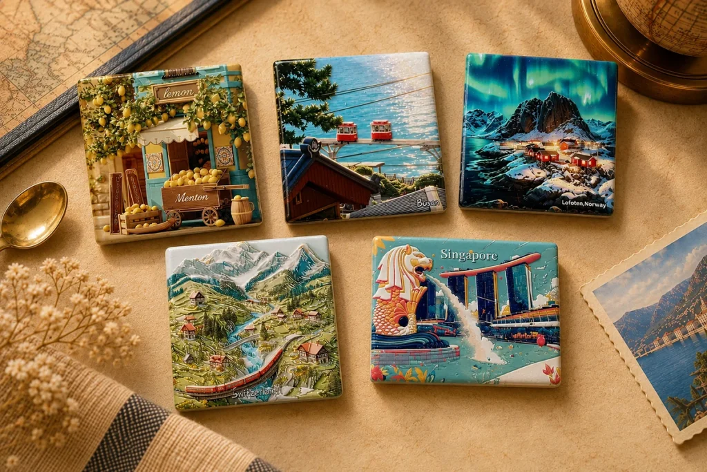 Custom ceramic fridge magnets featuring destination and landmark designs