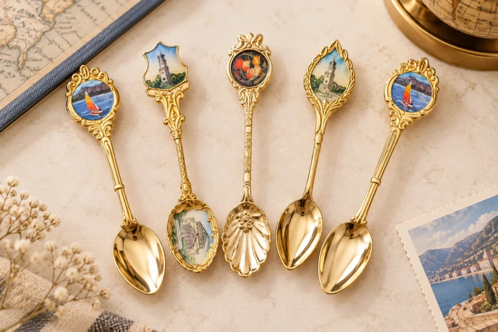 Collection of custom metal souvenir spoons with destination and landmark decorations