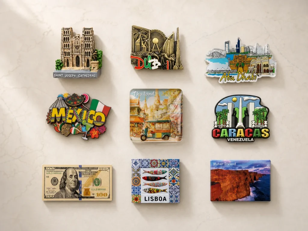 Nine souvenir fridge magnet materials with destination designs from Vietnam, the UAE, Mexico, Thailand, Venezuela, Portugal, Ireland and the USA.