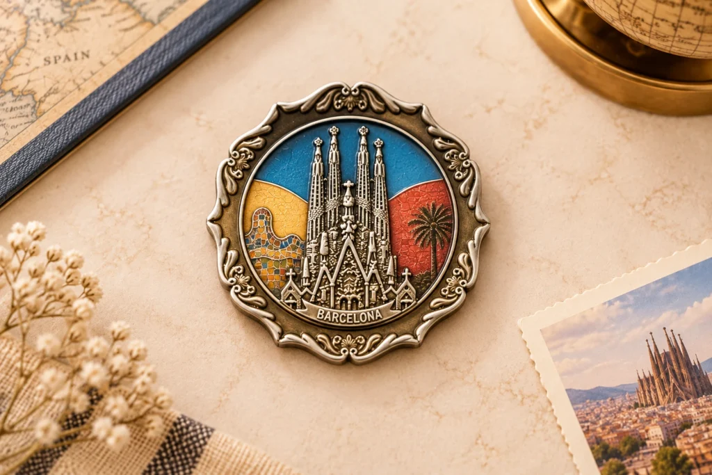 Custom Barcelona metal fridge magnet featuring the Sagrada Família landmark