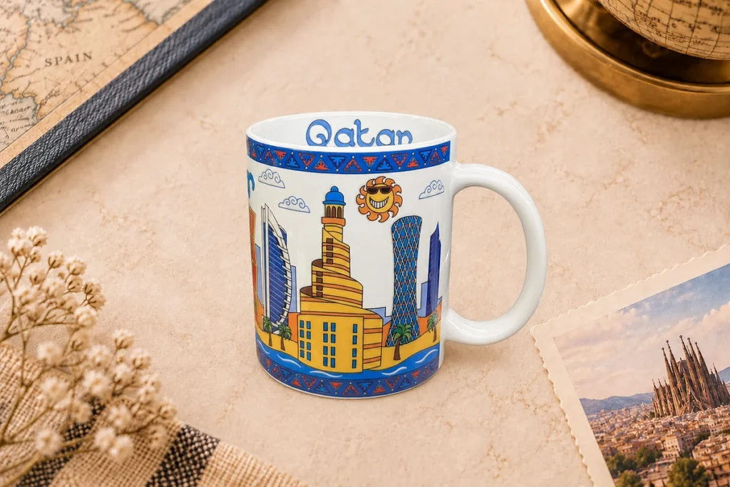 Custom ceramic souvenir mug with Doha Qatar destination design