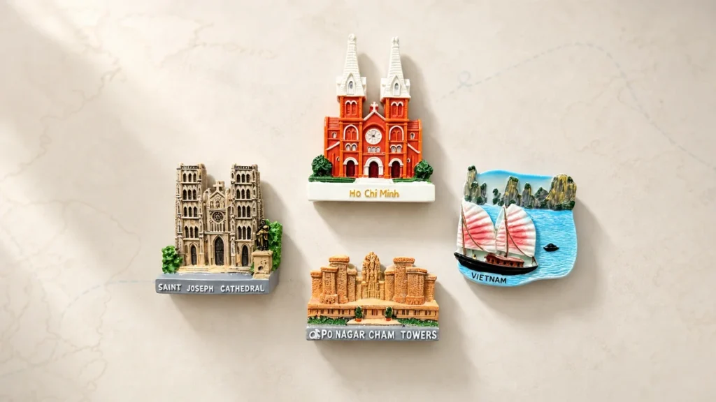 Vietnam resin fridge magnets featuring Ho Chi Minh City cathedral, Hanoi St. Joseph’s Cathedral, Po Nagar Cham Towers and Ha Long Bay.