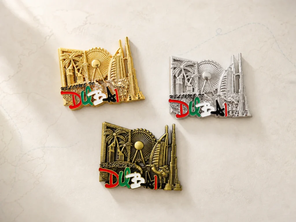 Custom Dubai metal fridge magnets in gold, silver and antique finishes featuring Ain Dubai, Burj Al Arab and the UAE skyline.