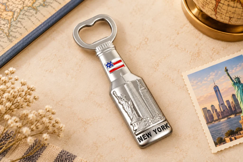 Custom New York metal souvenir bottle opener featuring the Statue of Liberty and Manhattan skyline