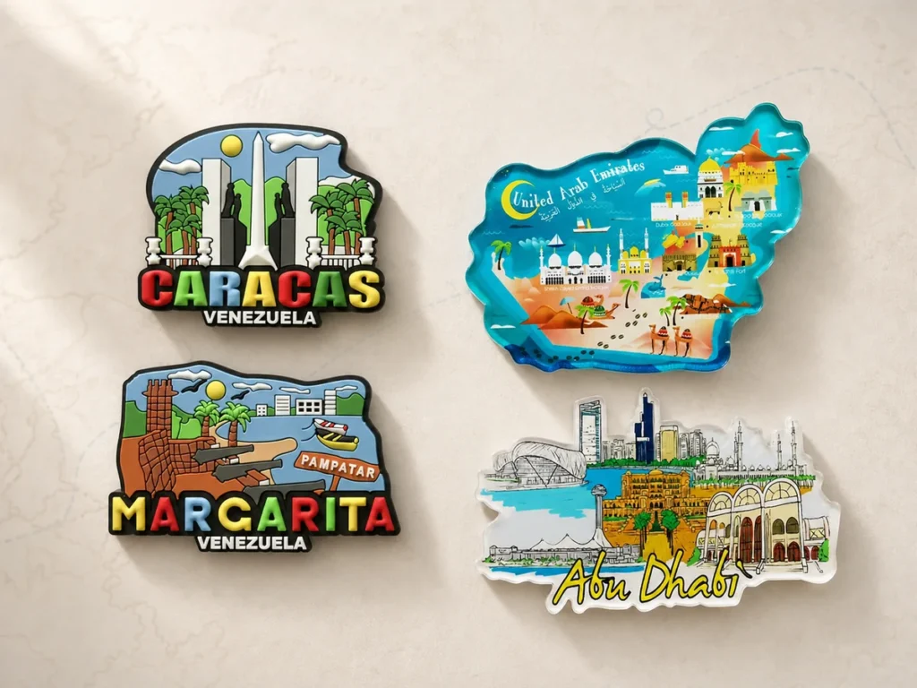 Caracas and Margarita Island soft PVC magnets from Venezuela beside acrylic Abu Dhabi and UAE magnets with skyline, mosque, desert and camel designs.