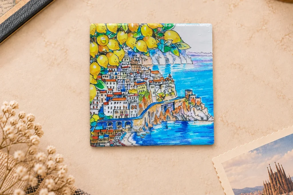 Ceramic souvenir coaster featuring Amalfi Italy destination artwork