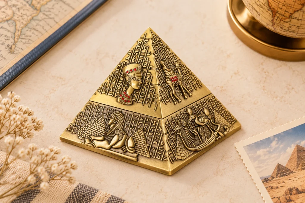 Egypt pyramid metal souvenir featuring Egyptian symbols and antique gold finish