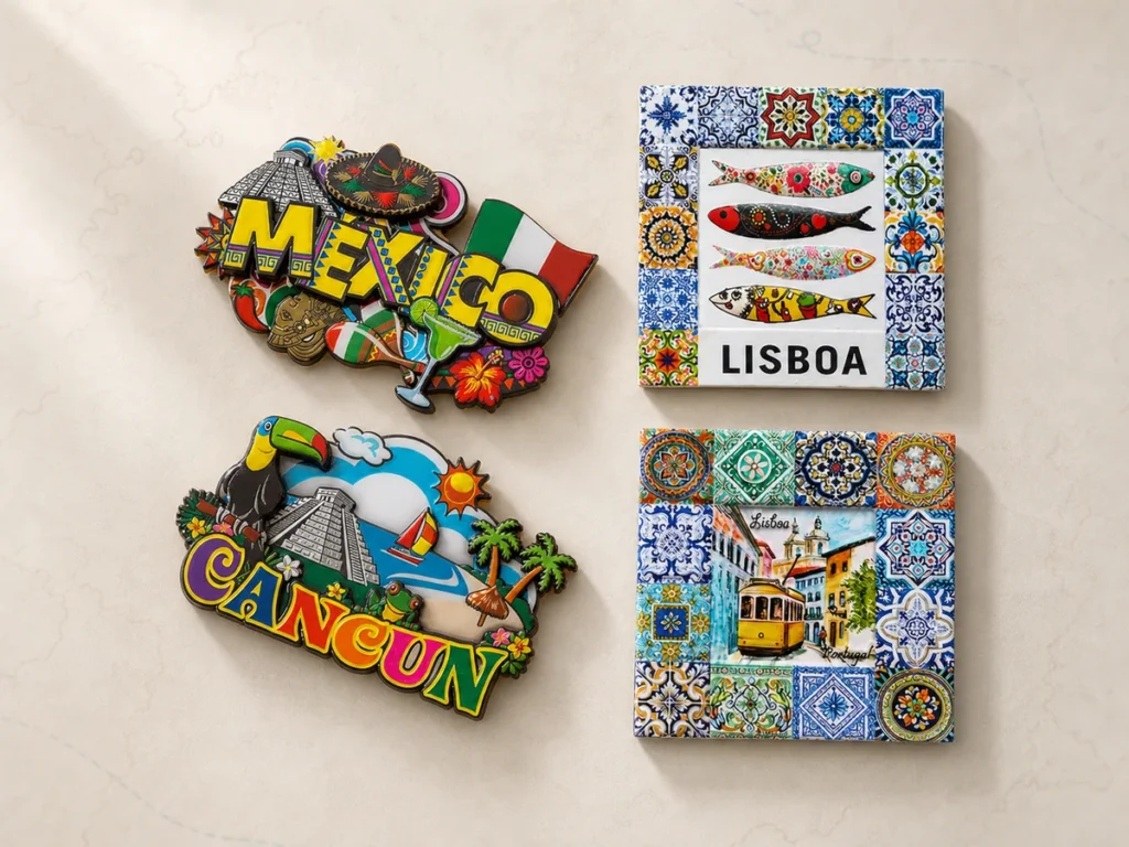 Mexico and Cancun wood magnets with sombrero, Chichén Itzá and tropical motifs beside Lisbon ceramic magnets with azulejo tiles, sardines and a yellow tram.