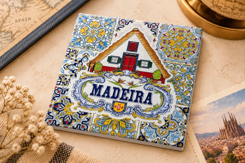 Ceramic souvenir trivet featuring Madeira destination artwork
