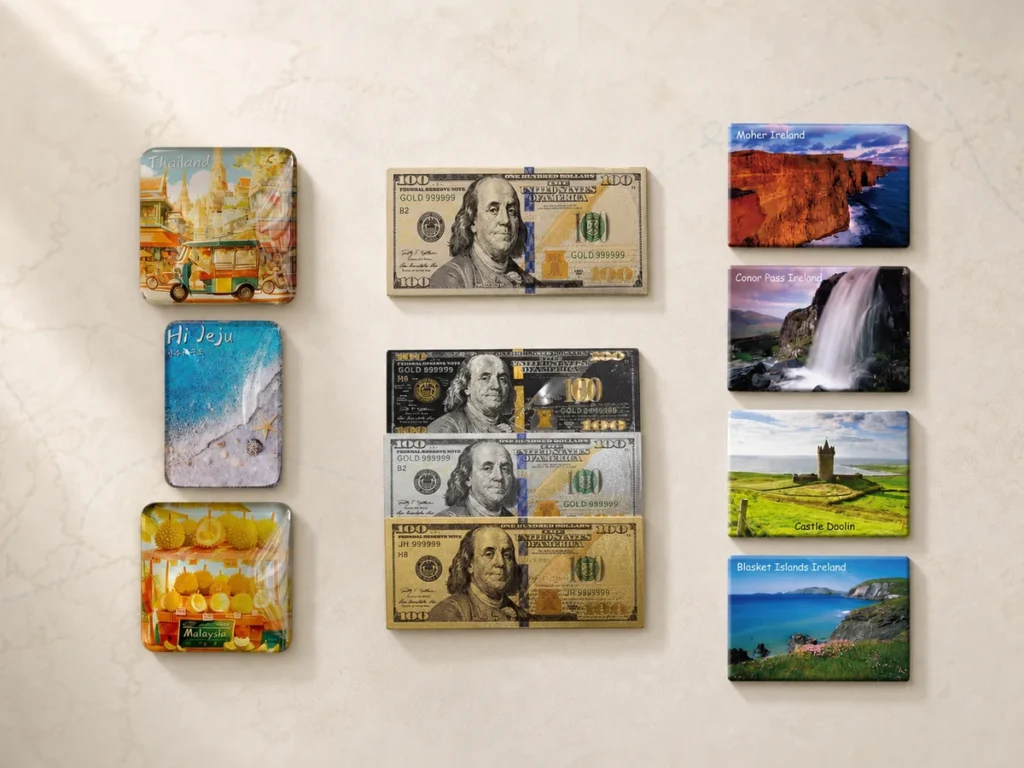 Glass, aluminum foil and tinplate fridge magnets featuring a Thailand tuk-tuk and temples, Jeju Island beach, Malaysian durian, US dollar and Irish coastal scenery.