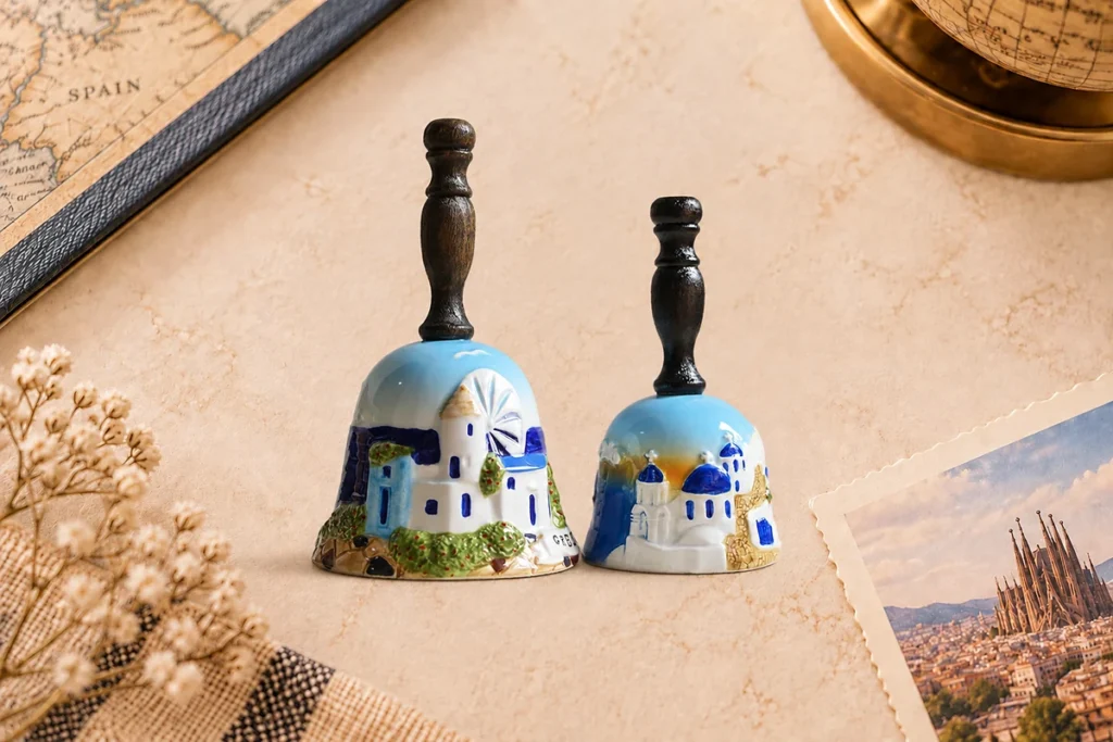 Ceramic souvenir bells featuring Santorini Greece designs