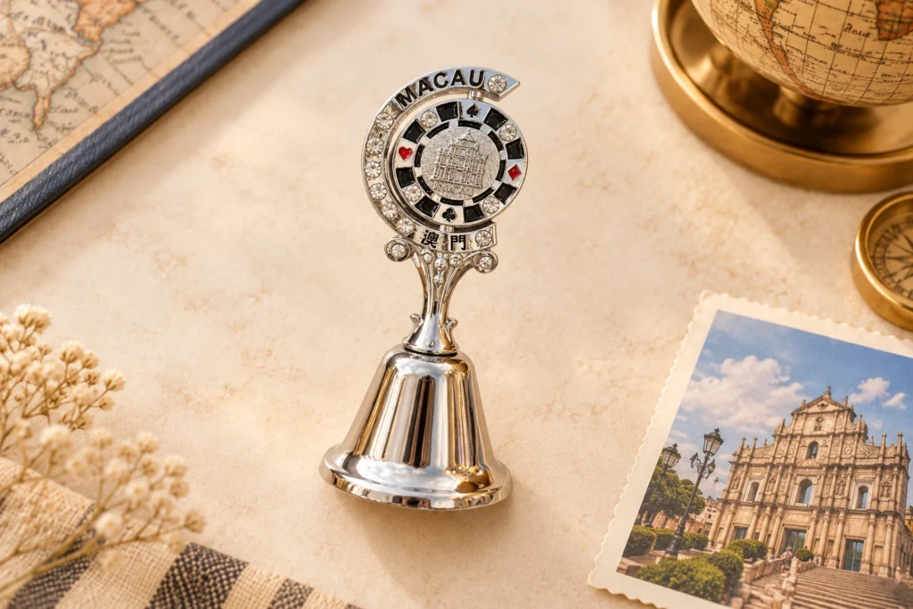 Custom Macau metal souvenir bell featuring the Ruins of St. Paul’s and local decorative details