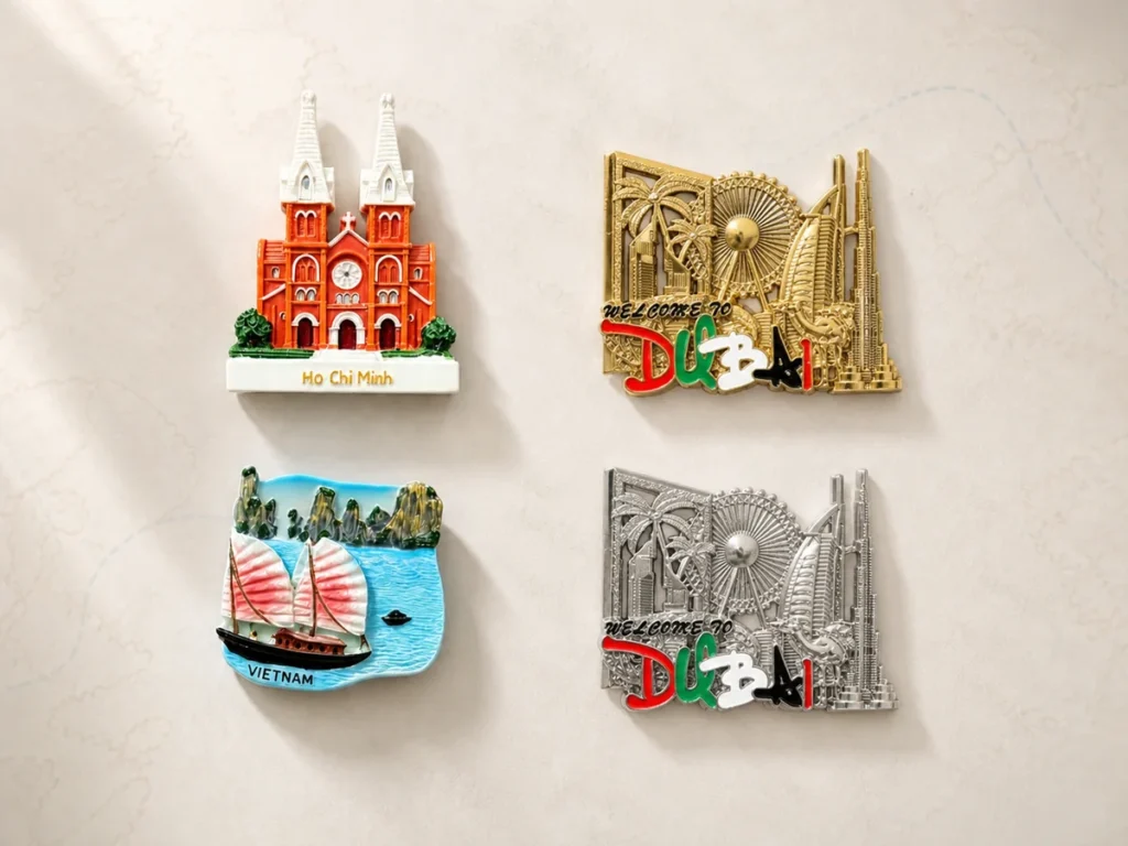 Vietnam resin magnets showing Ho Chi Minh City cathedral and Ha Long Bay beside gold and silver Dubai metal skyline fridge magnets.