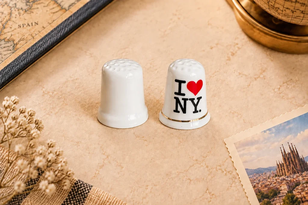 Ceramic souvenir thimbles with New York travel designs