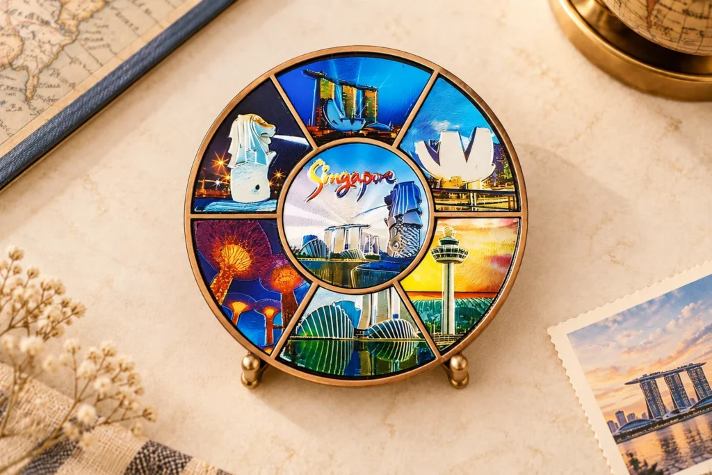 Custom Singapore metal souvenir plate featuring the Merlion, Marina Bay and iconic city landmarks