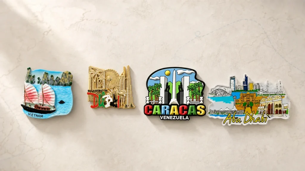 Four custom fridge magnet materials represented by Ha Long Bay resin, Dubai metal, Caracas soft PVC and Abu Dhabi acrylic destination designs.
