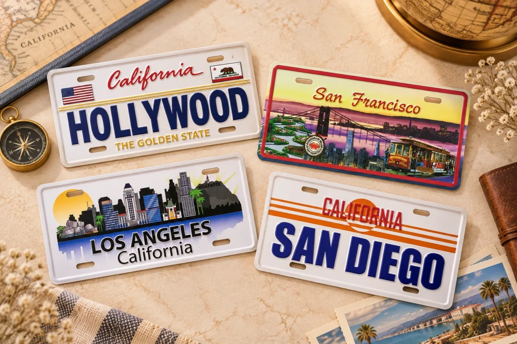 Custom California souvenir license plates featuring Hollywood, San Francisco, Los Angeles and San Diego