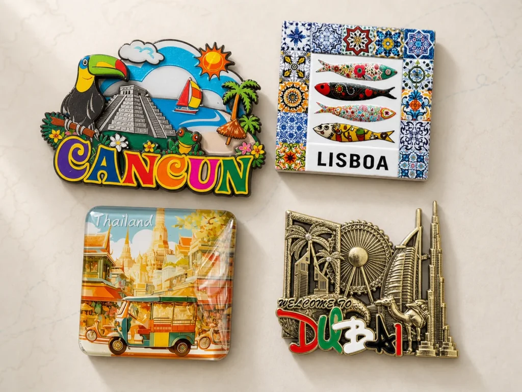 Material finish comparison of Cancun epoxy-coated wood, Lisbon ceramic azulejo, Thailand crystal glass and Dubai embossed metal fridge magnets.