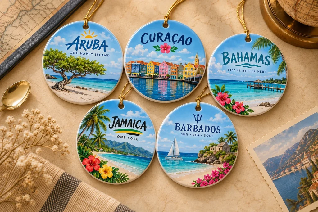 Ceramic Christmas souvenir baubles featuring Caribbean destinations
