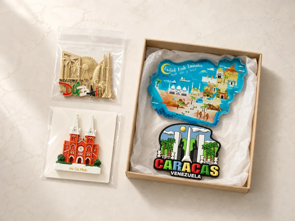 Custom souvenir fridge magnet packaging for Dubai metal, Ho Chi Minh City resin, UAE acrylic and Caracas PVC magnets using OPP bags, backing cards and kraft boxes.