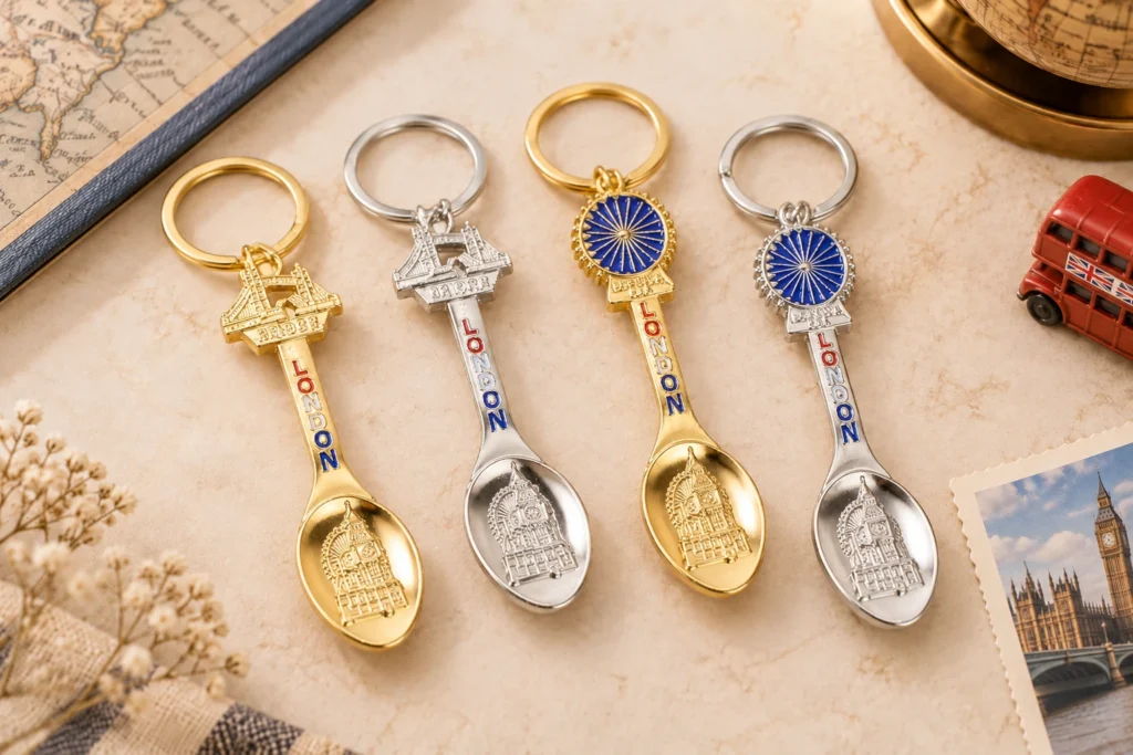 Custom London metal souvenir keychains featuring Big Ben, Tower Bridge and other city landmarks
