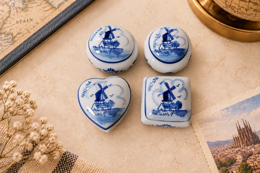 Ceramic souvenir trinket boxes with blue and white Delft-style decoration