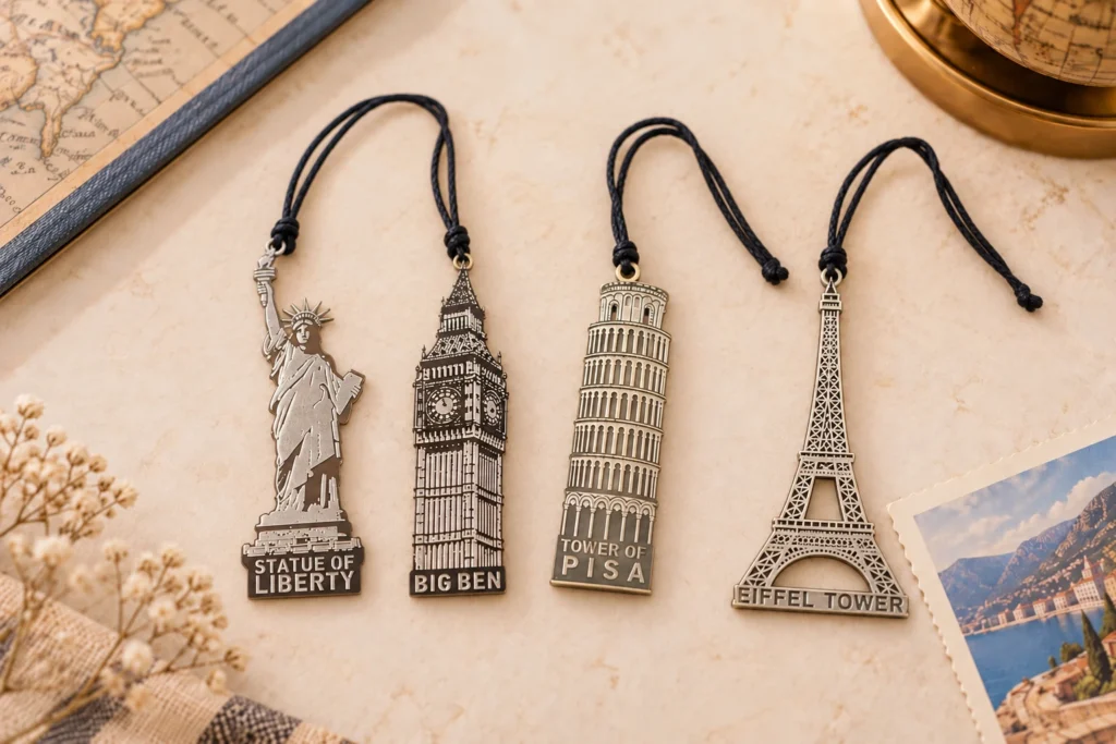 Flat 2D metal landmark bookmarks featuring the Statue of Liberty, Big Ben, Leaning Tower of Pisa and Eiffel Tower
