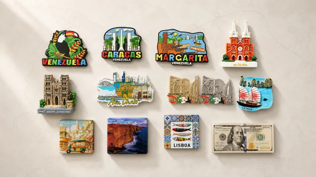 Multi-country custom souvenir fridge magnet collection featuring Caracas, Margarita Island, Ho Chi Minh City, Hanoi, Abu Dhabi, Dubai, Lisbon and Irish coastal landmarks.