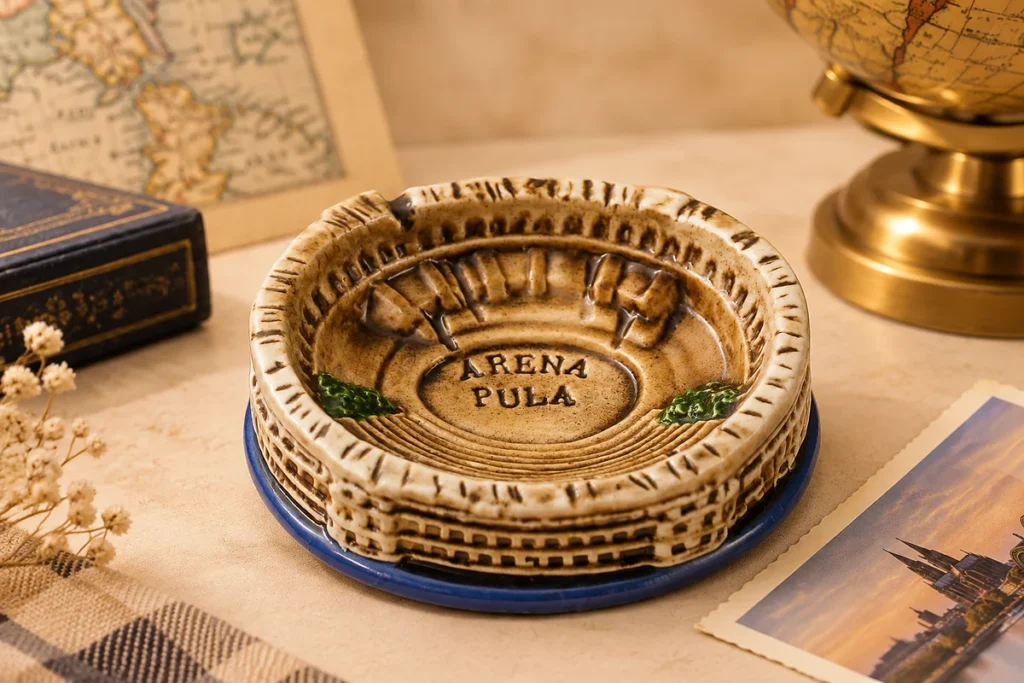 Ceramic souvenir ashtray featuring Arena Pula Croatia artwork