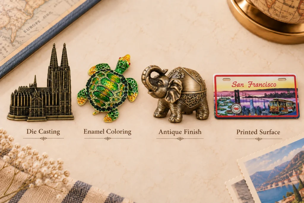 Metal souvenir manufacturing examples showing die casting, enamel coloring, antique finishing and printed surfaces