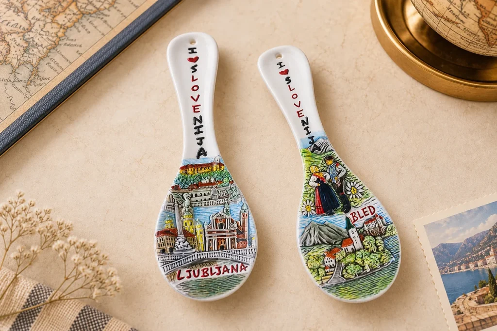Ceramic decorative souvenir spoons featuring Slovenia travel designs