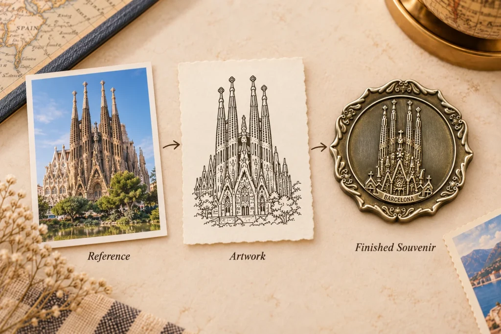 Barcelona landmark reference, artwork and finished custom metal souvenir design process