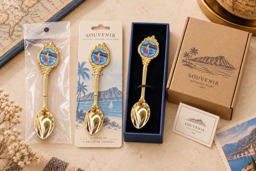 Custom metal souvenir shown with protective bag, backing card, gift box and wholesale packaging