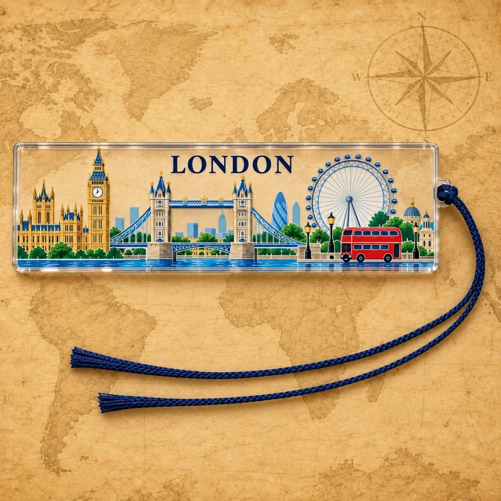 London panorama bookmark on an antique world map