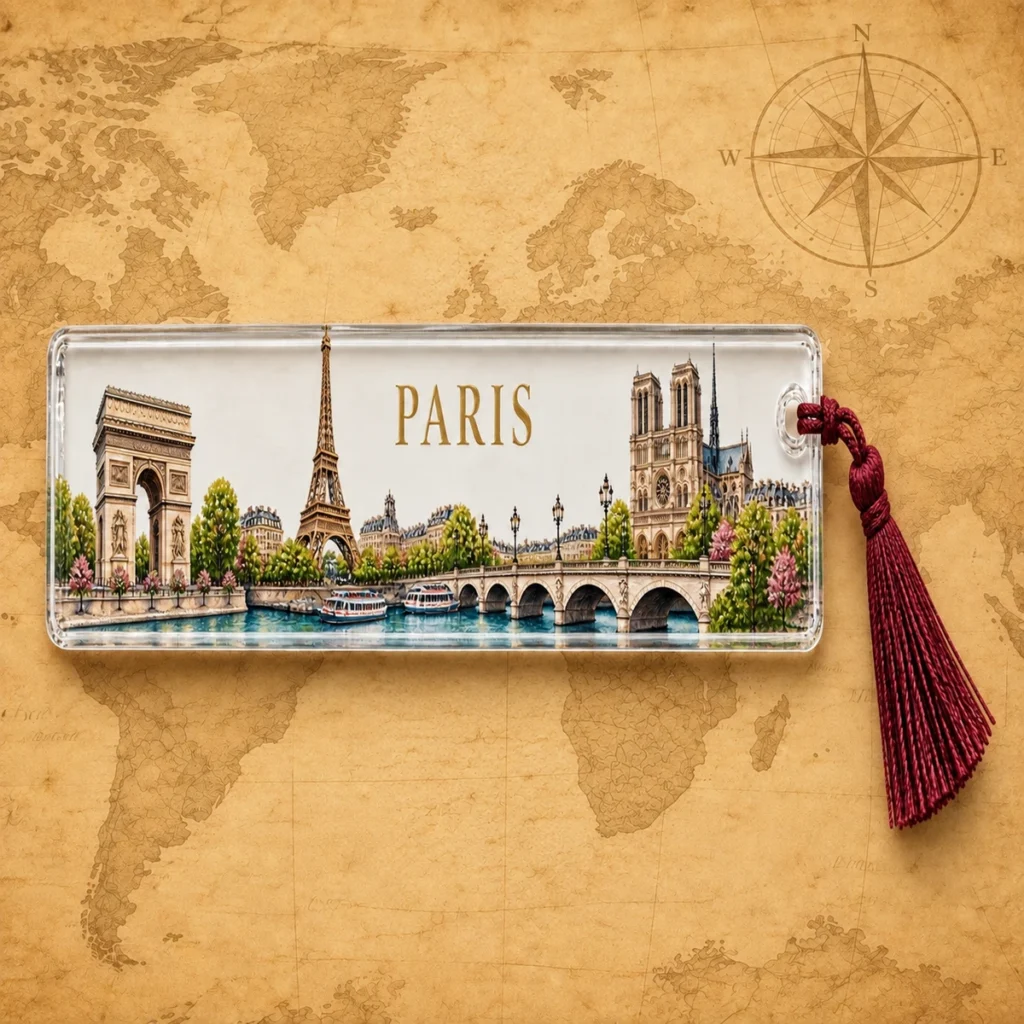Paris landmark bookmark on an antique world map