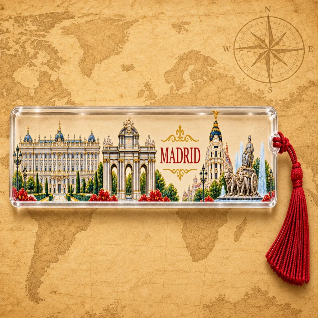 Madrid landmark bookmark on an antique world map