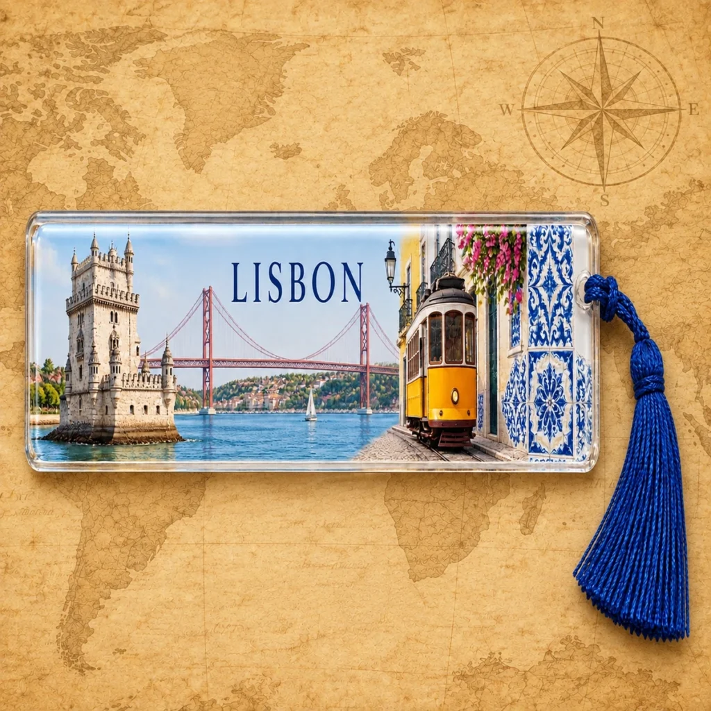Lisbon tram bookmark on an antique world map