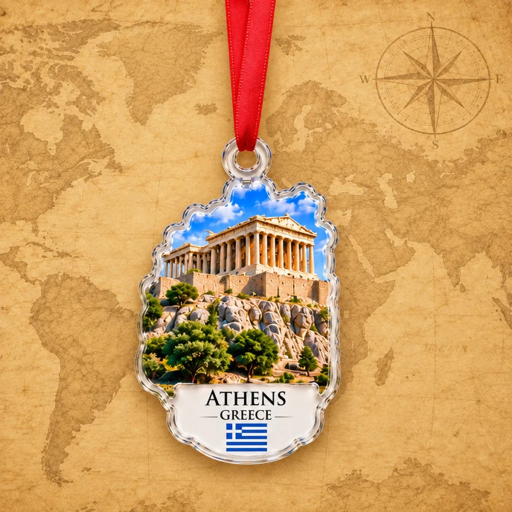 Athens Acropolis ornament on an antique world map